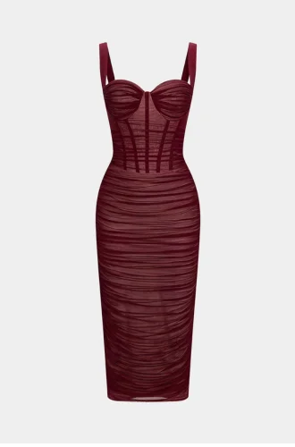 Sheer Mesh Ruched Bustier Slip Sleeveless Midi Dress