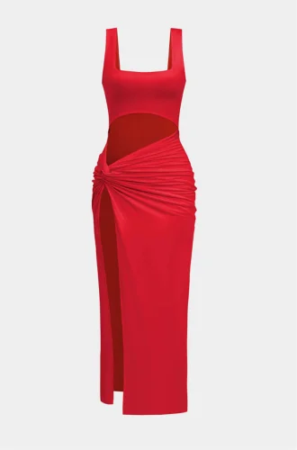 Solid Twist Front Cut Out Slit Midi Dress
