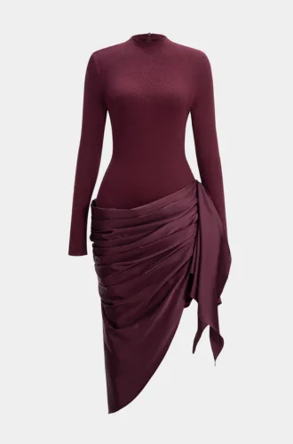 Satin Patchwork Ruched Asymmetrical Long Sleeve Midi Dress